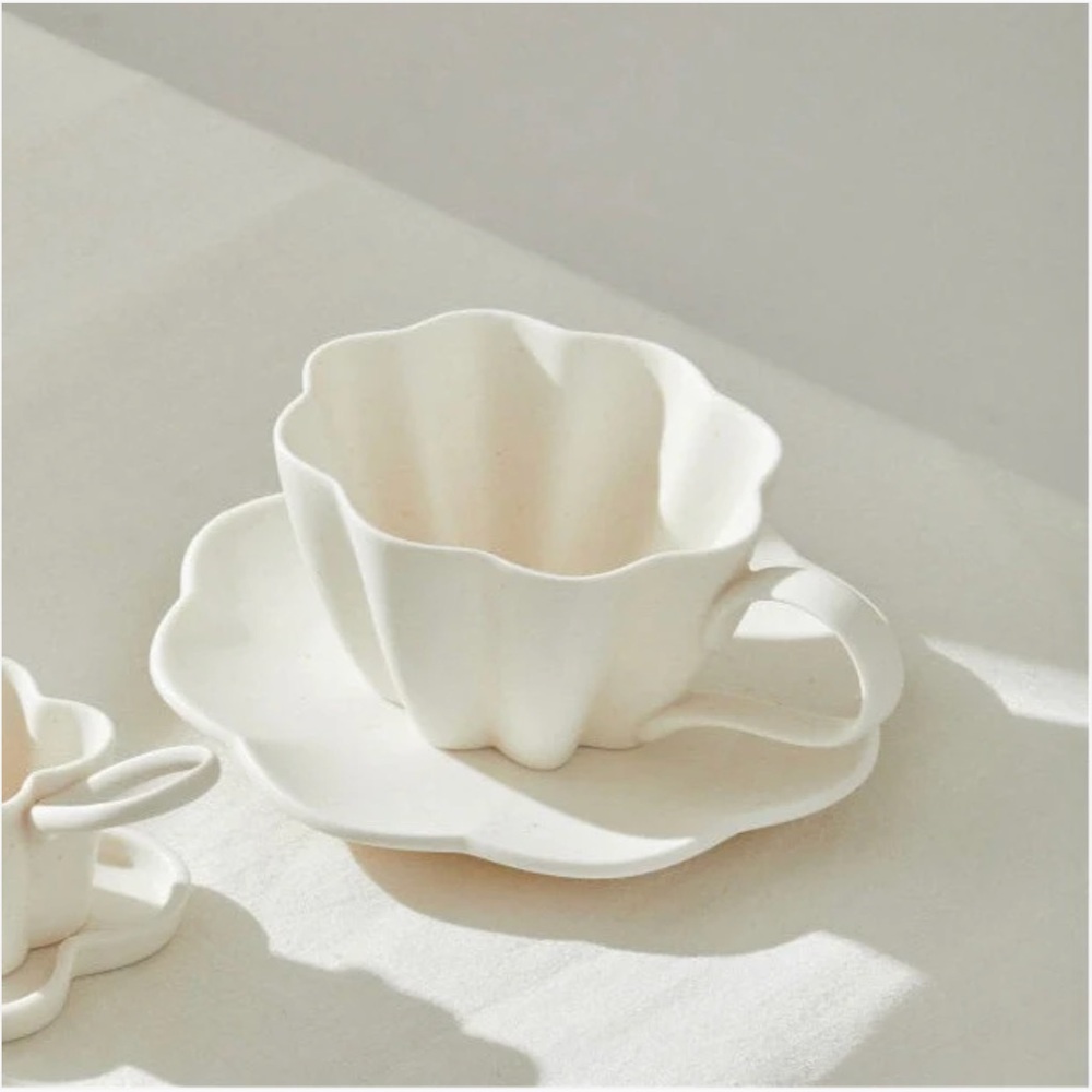 Flower Cup and Saucer Artisanal Porcelain Handmade White Tea Cup